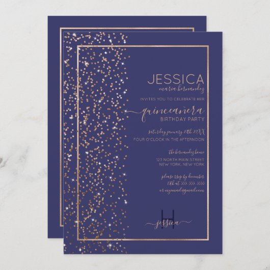 Navy Gold Glitter Confetti Side Quinceañera Kaart (Voorkant / Achterkant)