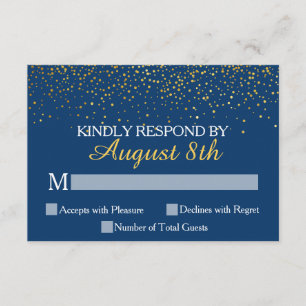 Navy Gold Glitter Confetti Stippen Bruiloft RSVP K Kaartje