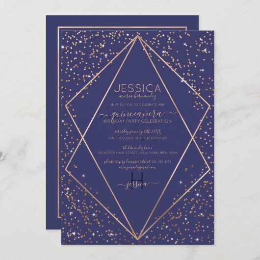 Navy Gold Glitter Confetti Terrarium Quinceañera Kaart (Voorkant / Achterkant)