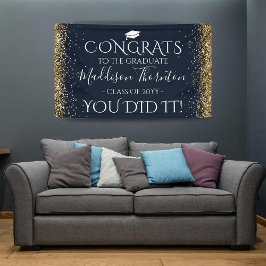 Navy & Gold Glitter Congrats Afstuderen Afstuderen Spandoek