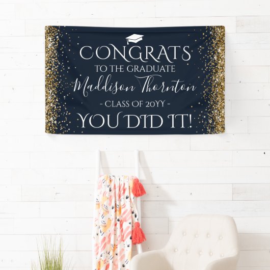 Navy & Gold Glitter Congrats Afstuderen Afstuderen Spandoek (Insitu)