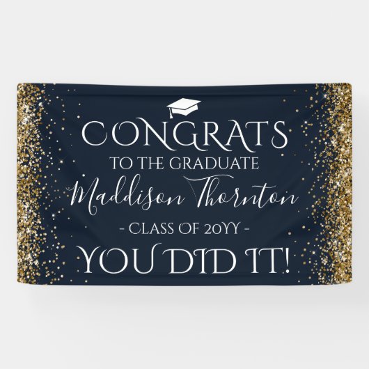 Navy & Gold Glitter Congrats Afstuderen Afstuderen Spandoek (Horizontaal)