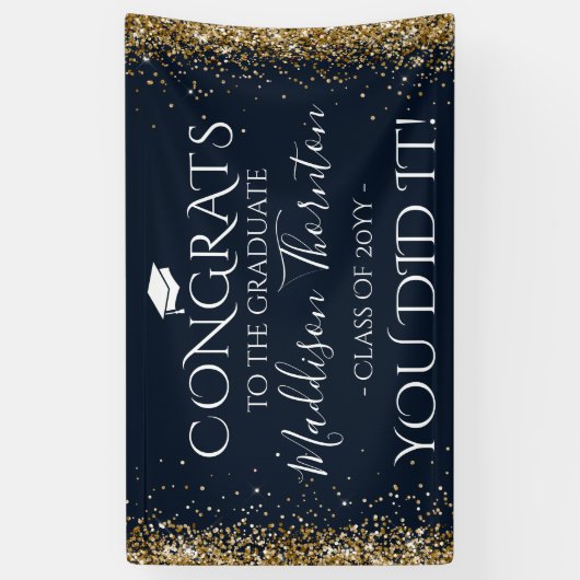 Navy & Gold Glitter Congrats Afstuderen Afstuderen Spandoek (Verticaal)