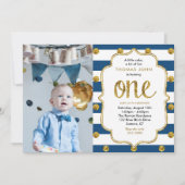 Navy, Gold Glitter First Birthday Photo Invitation Kaart (Voorkant)