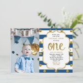 Navy, Gold Glitter First Birthday Photo Invitation Kaart (Staand voorkant)