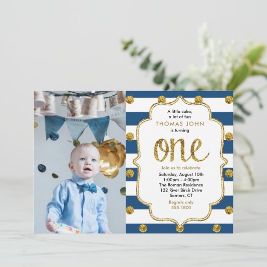 Navy, Gold Glitter First Birthday Photo Invitation Kaart (Staand voorkant)