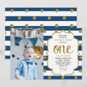 Navy, Gold Glitter First Birthday Photo Invitation Kaart (Voorkant / Achterkant)