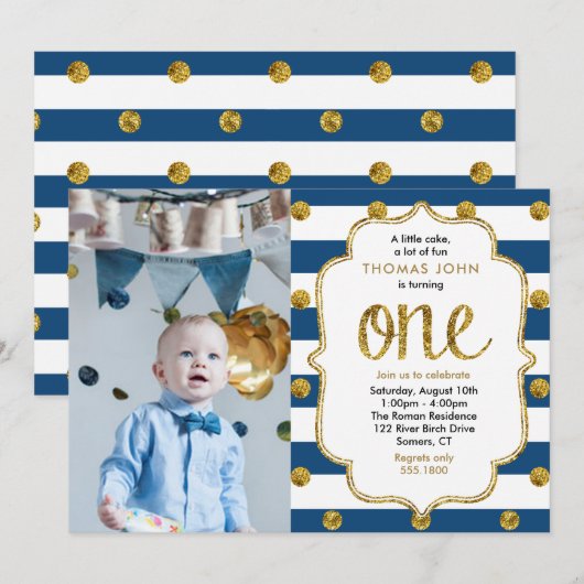 Navy, Gold Glitter First Birthday Photo Invitation Kaart (Voorkant / Achterkant)