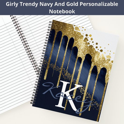 Navy Gold Glitter Girly Monogram Naam Notitieboek
