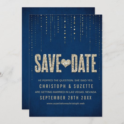 Navy & Gold Glitter Let op de data Save The Date (Voorkant / Achterkant)