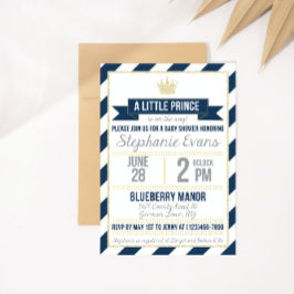 Navy Gold Glitter Prince Baby shower Invite Kaart