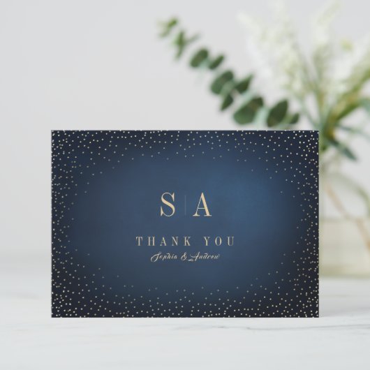 Navy & Gold Glitter Sophisticated Monogram Bedankkaart (Staand voorkant)