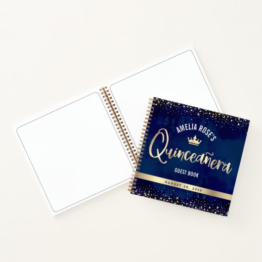 Navy Gold Glitter Tiara Quinceañera Gastenboek Notitieboek (Binnen)