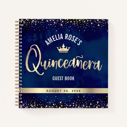 Navy Gold Glitter Tiara Quinceañera Gastenboek Notitieboek (Voorkant)