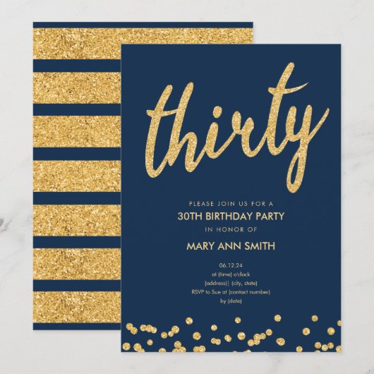 Navy Gold Glitter Type 30e Verjaardagsfeestje Kaart (Voorkant / Achterkant)