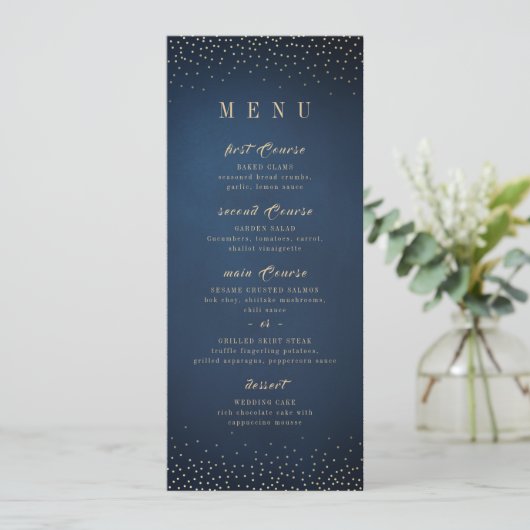 Navy & Gold Glitter Verfijnd monogram bruiloft Menu (Staand voorkant)