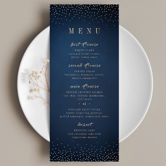 Navy & Gold Glitter Verfijnd monogram bruiloft Menu