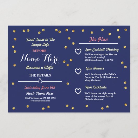 Navy Gold Glitter Vrijgezellenfeest Itinerary Invi Programmakaart (Voorkant)