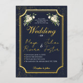 Navy Gold Glitter White Floral Photo Wedding Folie Uitnodiging (Voorkant)