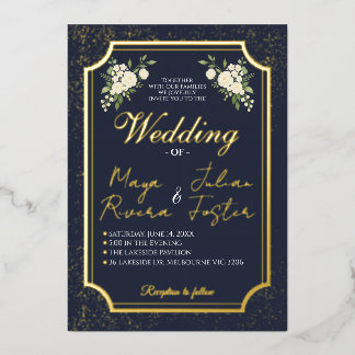 Navy Gold Glitter White Floral Photo Wedding Folie Uitnodiging