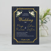 Navy Gold Glitter White Floral Photo Wedding Folie Uitnodiging (Staand Voorkant)