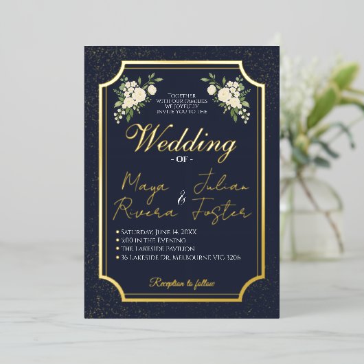 Navy Gold Glitter White Floral Photo Wedding Folie Uitnodiging (Staand Voorkant)
