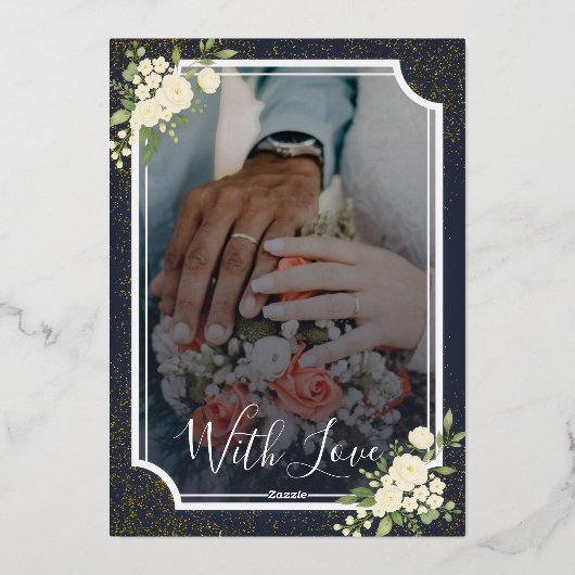 Navy Gold Glitter White Floral Photo Wedding Folie Uitnodiging (Achterkant)