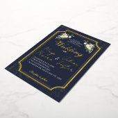 Navy Gold Glitter White Floral Photo Wedding Folie Uitnodiging (Gedraaid)