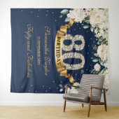 Navy Gold Greenery Bloemen 80e verjaardag achtergr Wandkleed (In Situ (horizontaal))