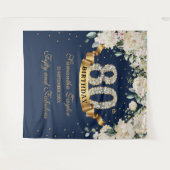 Navy Gold Greenery Bloemen 80e verjaardag achtergr Wandkleed (Voorkant (horizontaal))