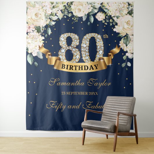 Navy Gold Greenery Bloemen 80e verjaardag achtergr Wandkleed (In situ)