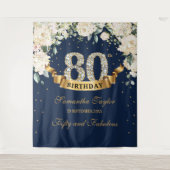 Navy Gold Greenery Bloemen 80e verjaardag achtergr Wandkleed (Voorkant)
