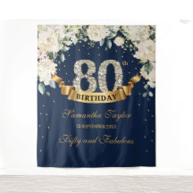 Navy Gold Greenery Bloemen 80e verjaardag achtergr