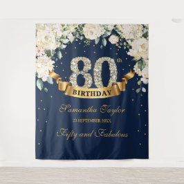 Navy Gold Greenery Bloemen 80e verjaardag achtergr Wandkleed