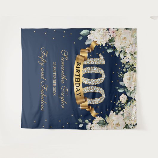 Navy Gold Greenery Floral 100e verjaardag achtergr Wandkleed (Voorkant (horizontaal))