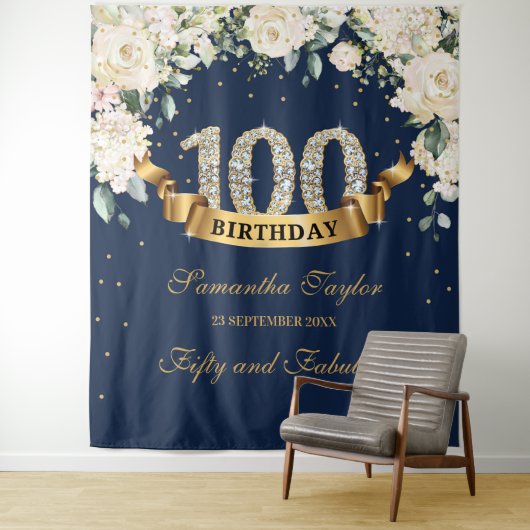 Navy Gold Greenery Floral 100e verjaardag achtergr Wandkleed (In situ)