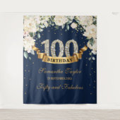 Navy Gold Greenery Floral 100e verjaardag achtergr Wandkleed (Voorkant)