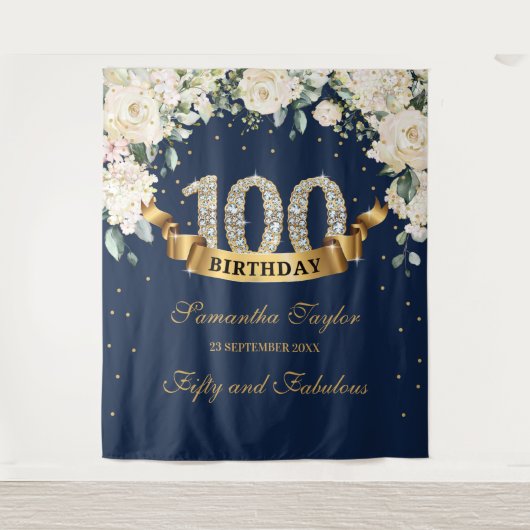 Navy Gold Greenery Floral 100e verjaardag achtergr Wandkleed (Voorkant)
