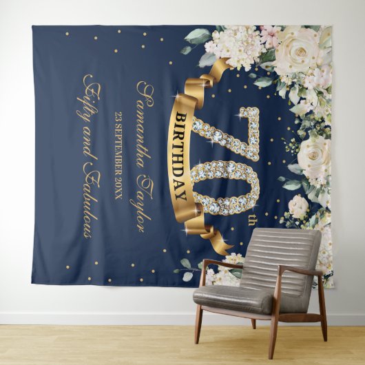 Navy Gold Greenery Floral 70e verjaardag achtergro Wandkleed (In Situ (horizontaal))