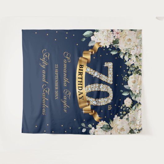 Navy Gold Greenery Floral 70e verjaardag achtergro Wandkleed (Voorkant (horizontaal))