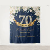 Navy Gold Greenery Floral 70e verjaardag achtergro Wandkleed (Voorkant)