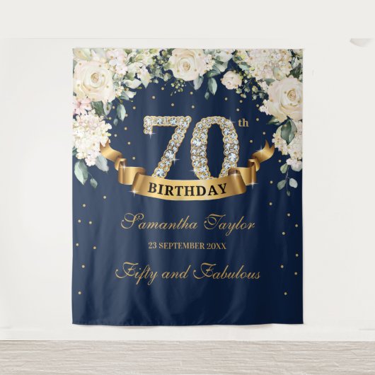 Navy Gold Greenery Floral 70e verjaardag achtergro Wandkleed (Voorkant)