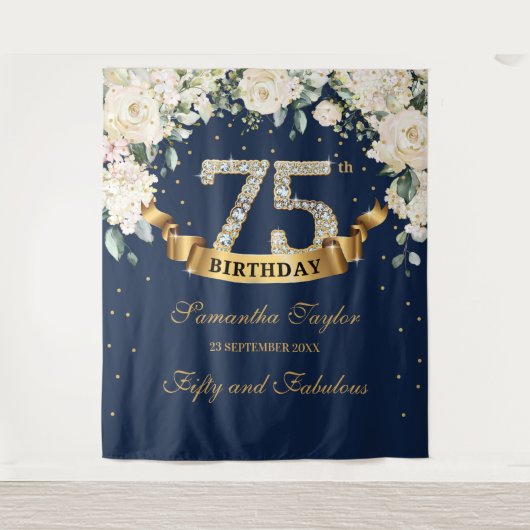 Navy Gold Greenery White Flowers 75e verjaardag Wandkleed (Voorkant)