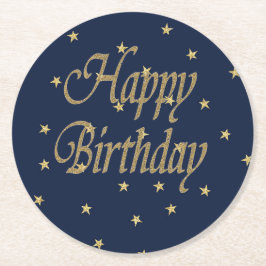 Navy Gold Happy Birthday Ronde Kartonnen Onderzetter