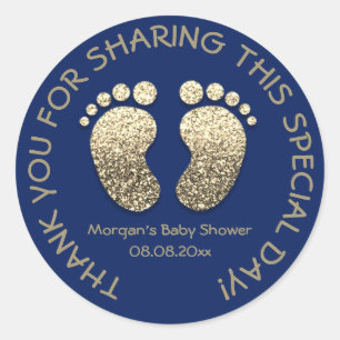 Navy Gold Heart Feet Baby shower Favor Dank je Ronde Sticker
