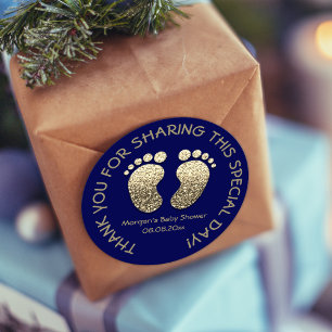Navy Gold Heart Feet Baby shower Favor Dank je Ronde Sticker