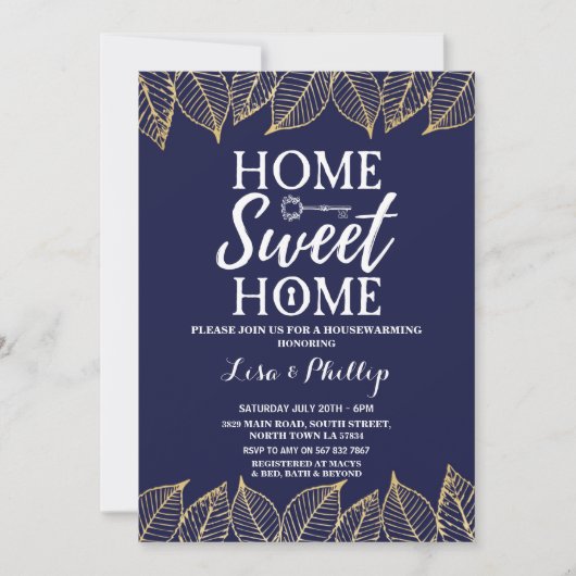 Navy Gold Herfst Housewarming Home Key Invite Kaart (Voorkant)