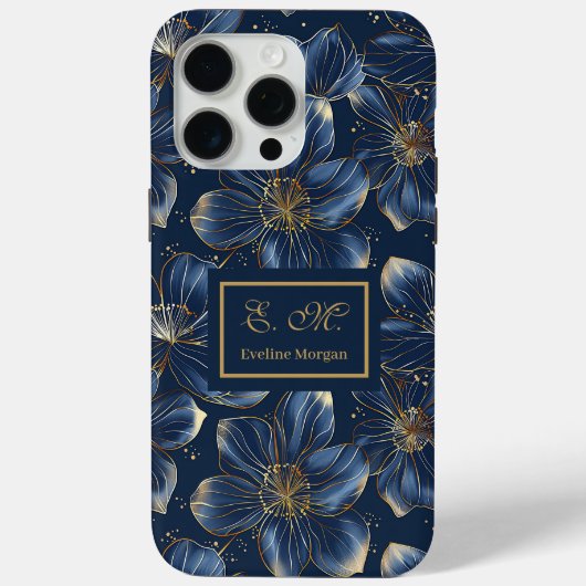 Navy Gold iPhone Case Elegant Floral Custom Name (Achterkant)