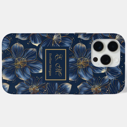 Navy Gold iPhone Case Elegant Floral Custom Name (Achterkant (horizontaal))