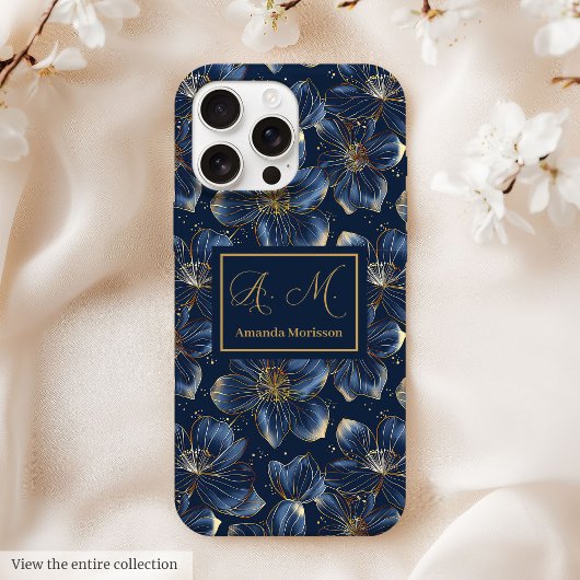 Navy Gold iPhone Case Elegant Floral Custom Name